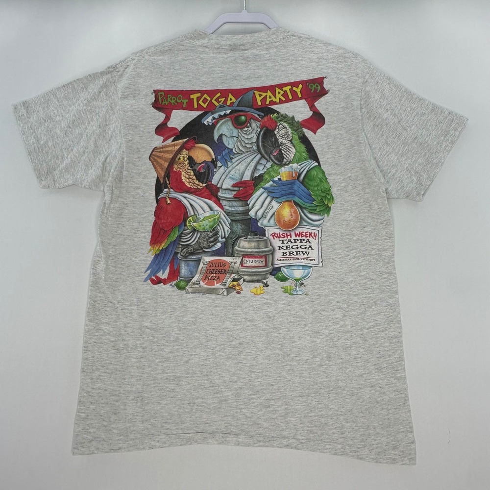 VTG Caribbean Soul Parrot Toga Party '99 Mens Large Grey Graphic T-Shirt madeUSA